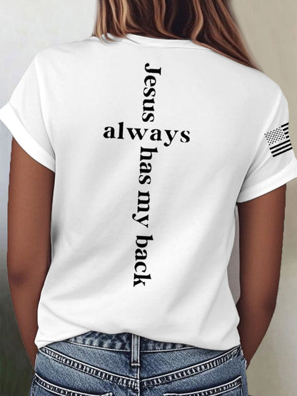 Women's Jesus Always Has My Back Cross Faith USA Flag Print Casual Tee