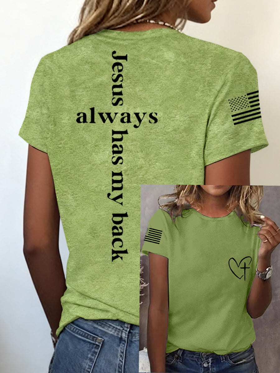 Women's Jesus Always Has My Back Cross Faith USA Flag Print Casual Tee