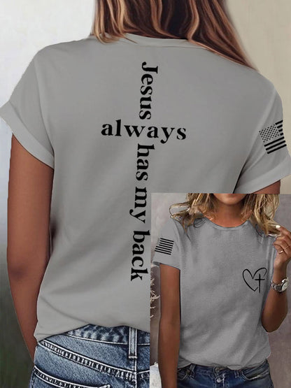 Women's Jesus Always Has My Back Cross Faith USA Flag Print Casual Tee