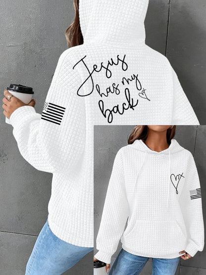 Women's Jesus Has My Back Cross Faith USA Flag Print Casual Waffle Hoodie