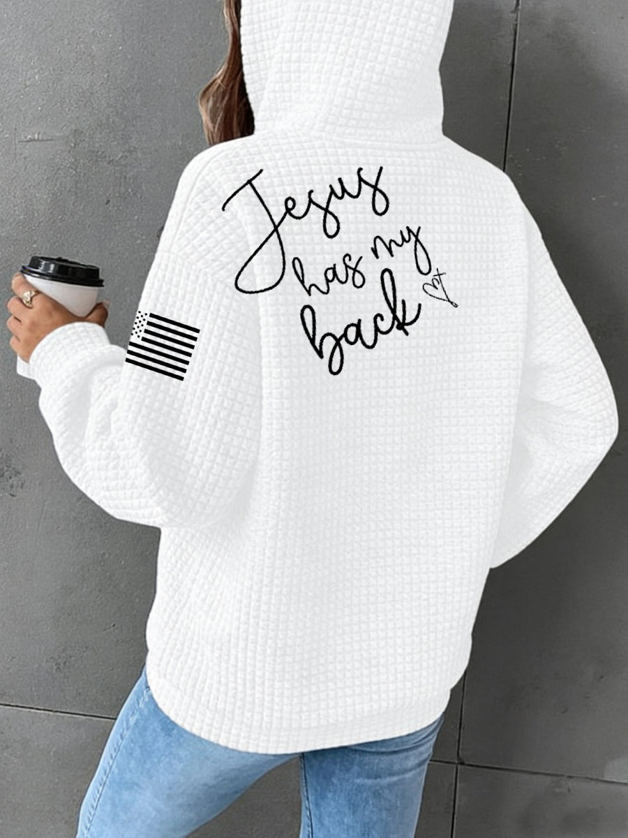 Women's Jesus Has My Back Cross Faith USA Flag Print Casual Waffle Hoodie