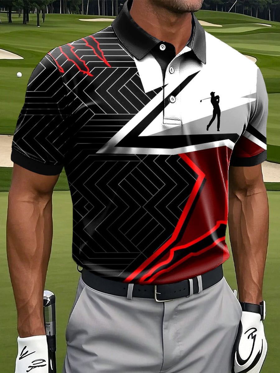 Men's Vintage Geometric-Striped Casual Golf Polo Shirt