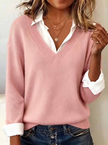 Women's Simple Solid Color Cozy Knit V-Neck Sweater