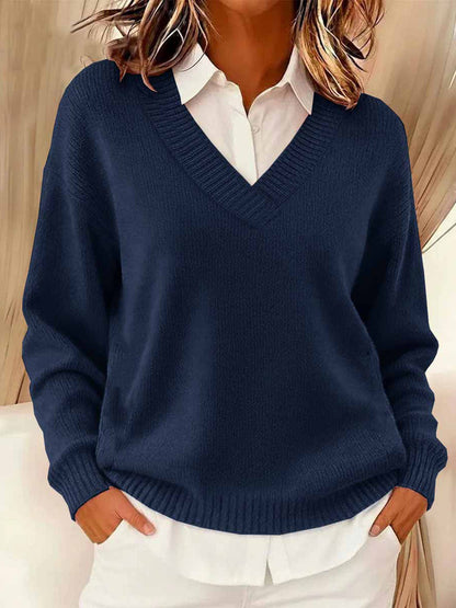 Women's Simple Solid Color Cozy Knit V-Neck Sweater