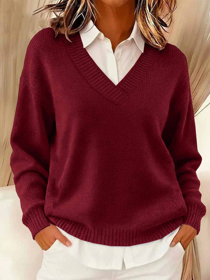 Women's Simple Solid Color Cozy Knit V-Neck Sweater
