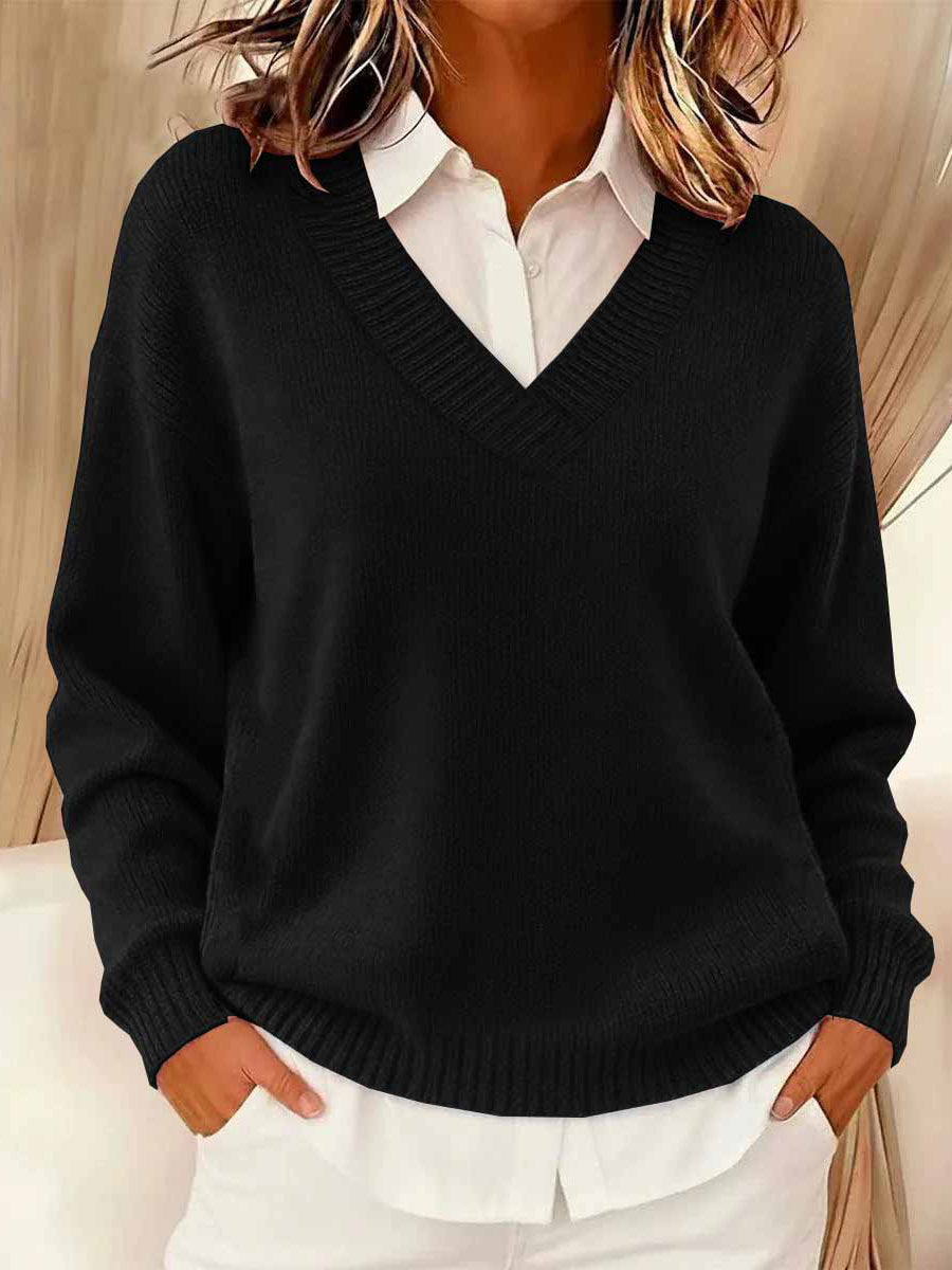Women's Simple Solid Color Cozy Knit V-Neck Sweater