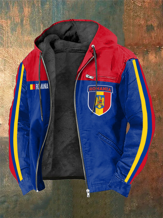 Men's Romanian Flag Printed Long Sleeved Hooded Jacket