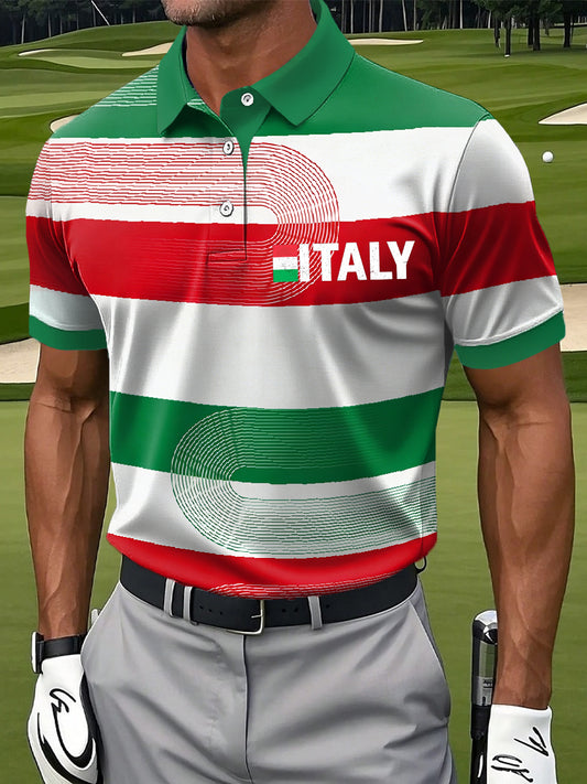 Retro Italian Print Casual Polo Shirt