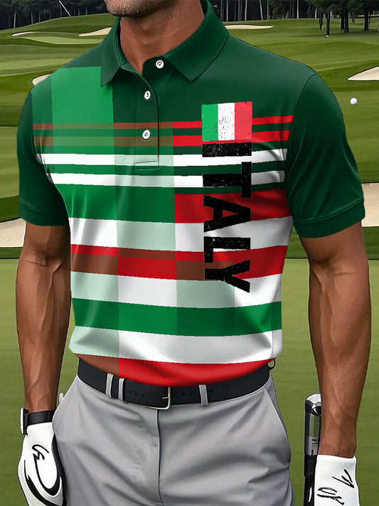Retro Italian Print Casual Polo Shirt