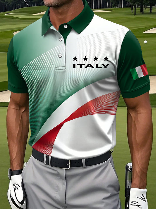 Retro Italian Print Casual Polo Shirt