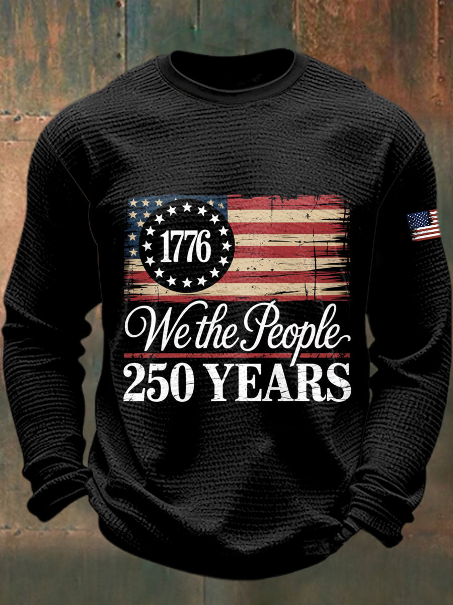 Men's 250th Anniversary of American Independence Printed Waffle Long Sleeved Round Neck Sweatshirt