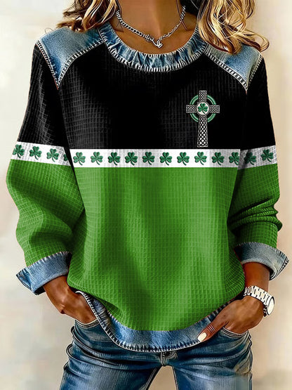 Women's St. Patrick's Day Shamrock  Denim Patchwork Top