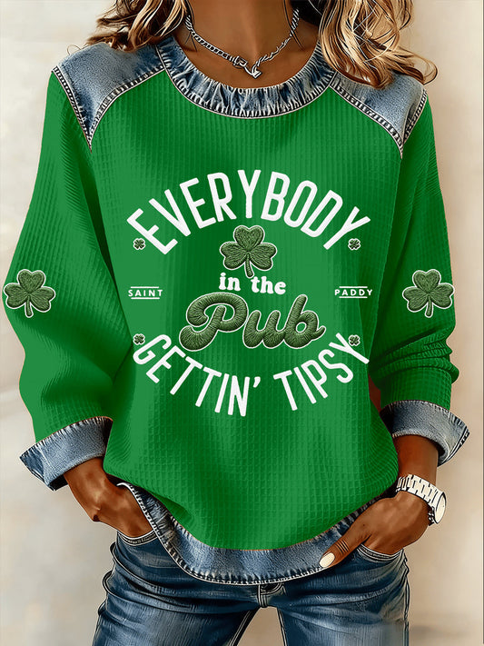 Women's St Patrick's Day Everybody In The Pub Gettin Tipsy Shamrock Print Denim Patchwork Top