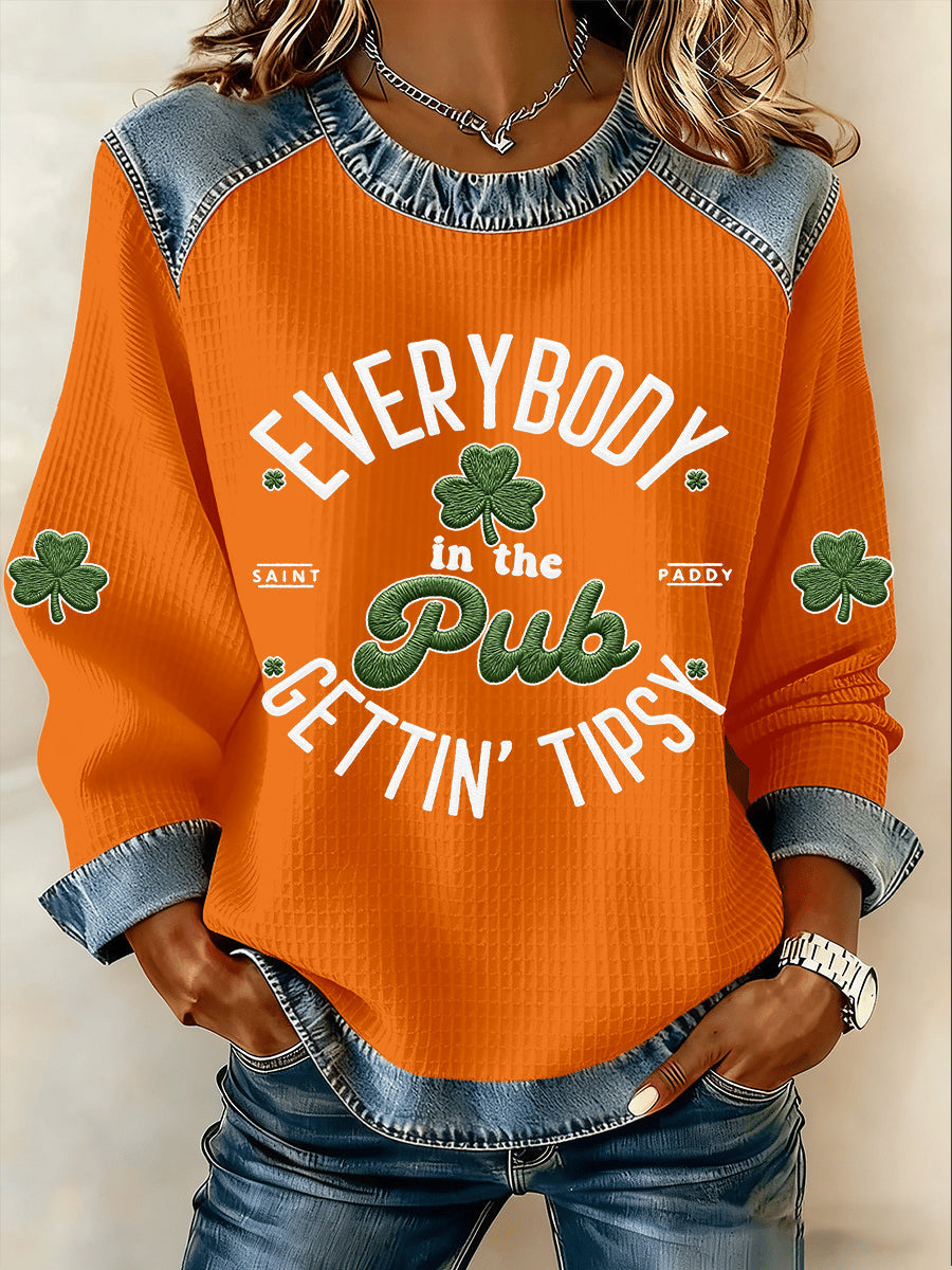 Women's St Patrick's Day Everybody In The Pub Gettin Tipsy Shamrock Print Denim Patchwork Top