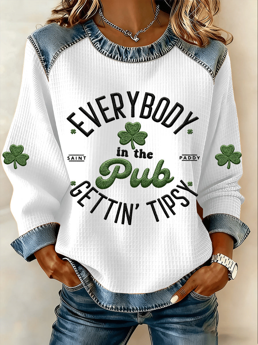 Women's St Patrick's Day Everybody In The Pub Gettin Tipsy Shamrock Print Denim Patchwork Top