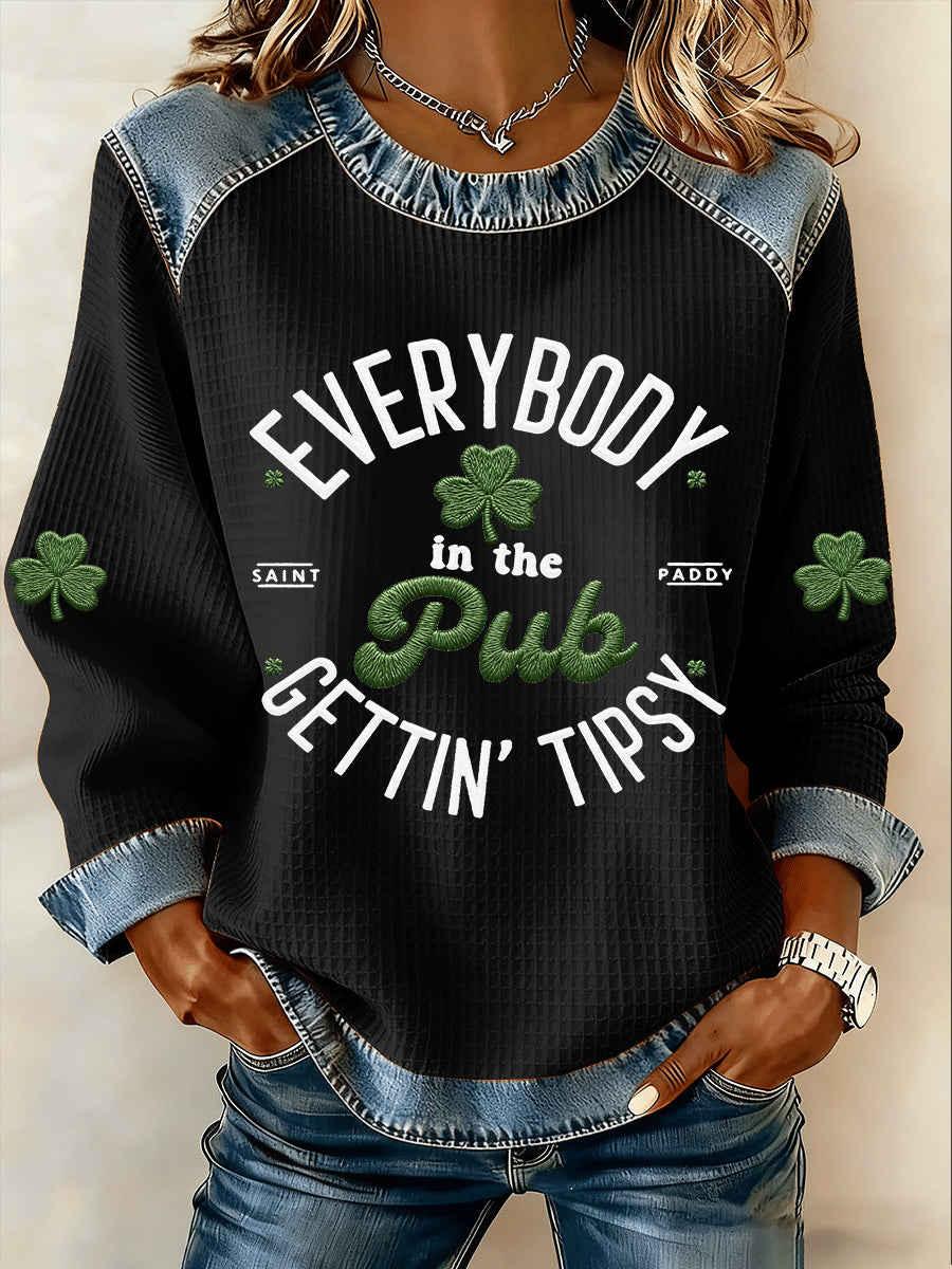 Women's St Patrick's Day Everybody In The Pub Gettin Tipsy Shamrock Print Denim Patchwork Top