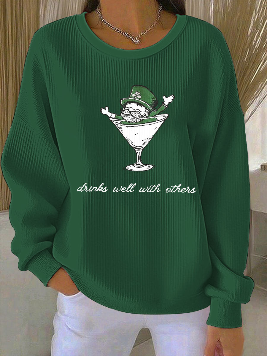 Women's Leprechaun Martini Cocktail St Patrick's Day Ribbed Round-Neck Sweatshirt