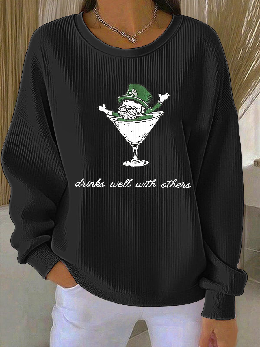 Women's Leprechaun Martini Cocktail St Patrick's Day Ribbed Round-Neck Sweatshirt