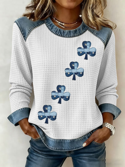 Women's St. Patrick's Day Print Denim Patchwork Top