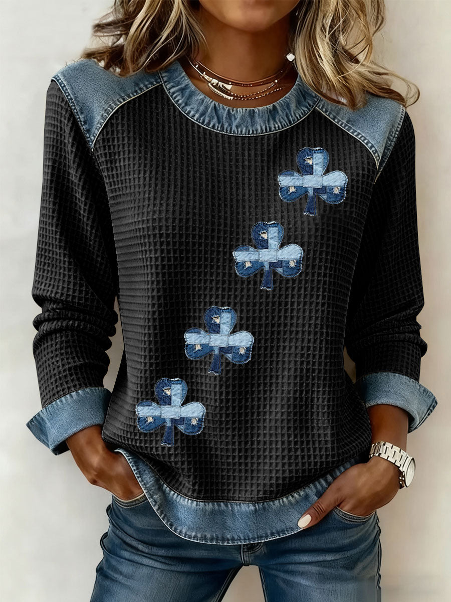 Women's St. Patrick's Day Print Denim Patchwork Top