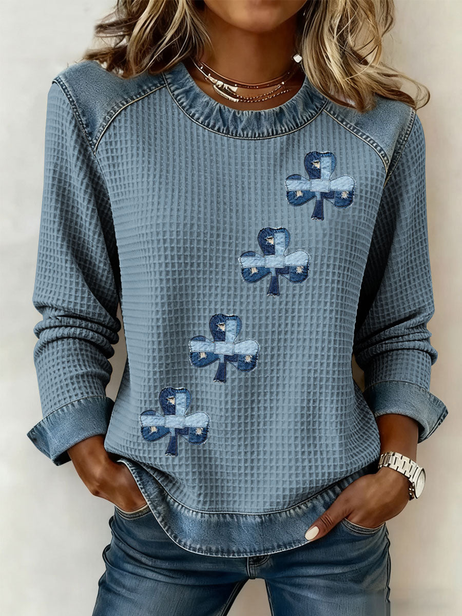 Women's St. Patrick's Day Print Denim Patchwork Top