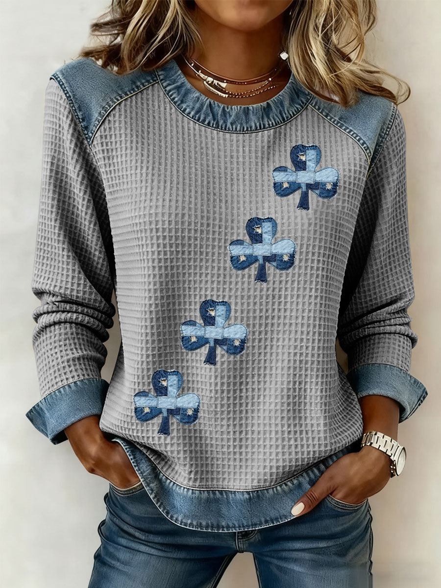 Women's St. Patrick's Day Print Denim Patchwork Top
