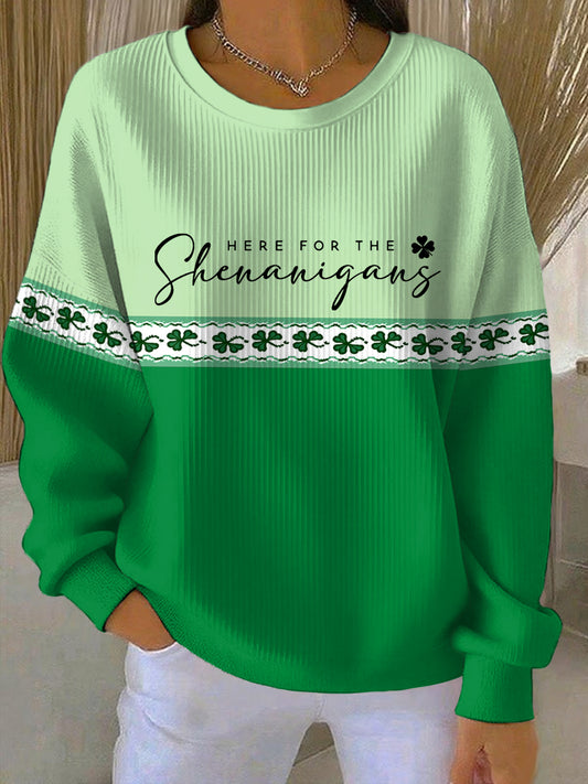 Women's Funny St Patrick's Day Here For The Shenanigans Shamrocks Print Casual Sweatshirt