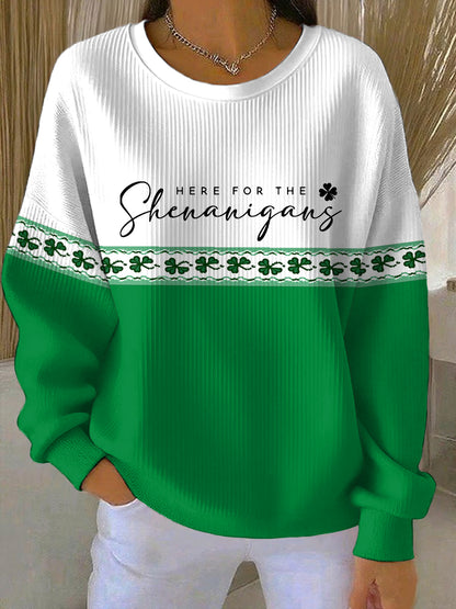 Women's Funny St Patrick's Day Here For The Shenanigans Shamrocks Print Casual Sweatshirt