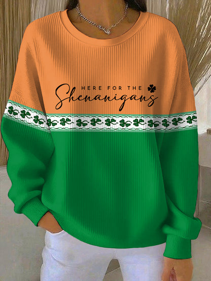 Women's Funny St Patrick's Day Here For The Shenanigans Shamrocks Print Casual Sweatshirt