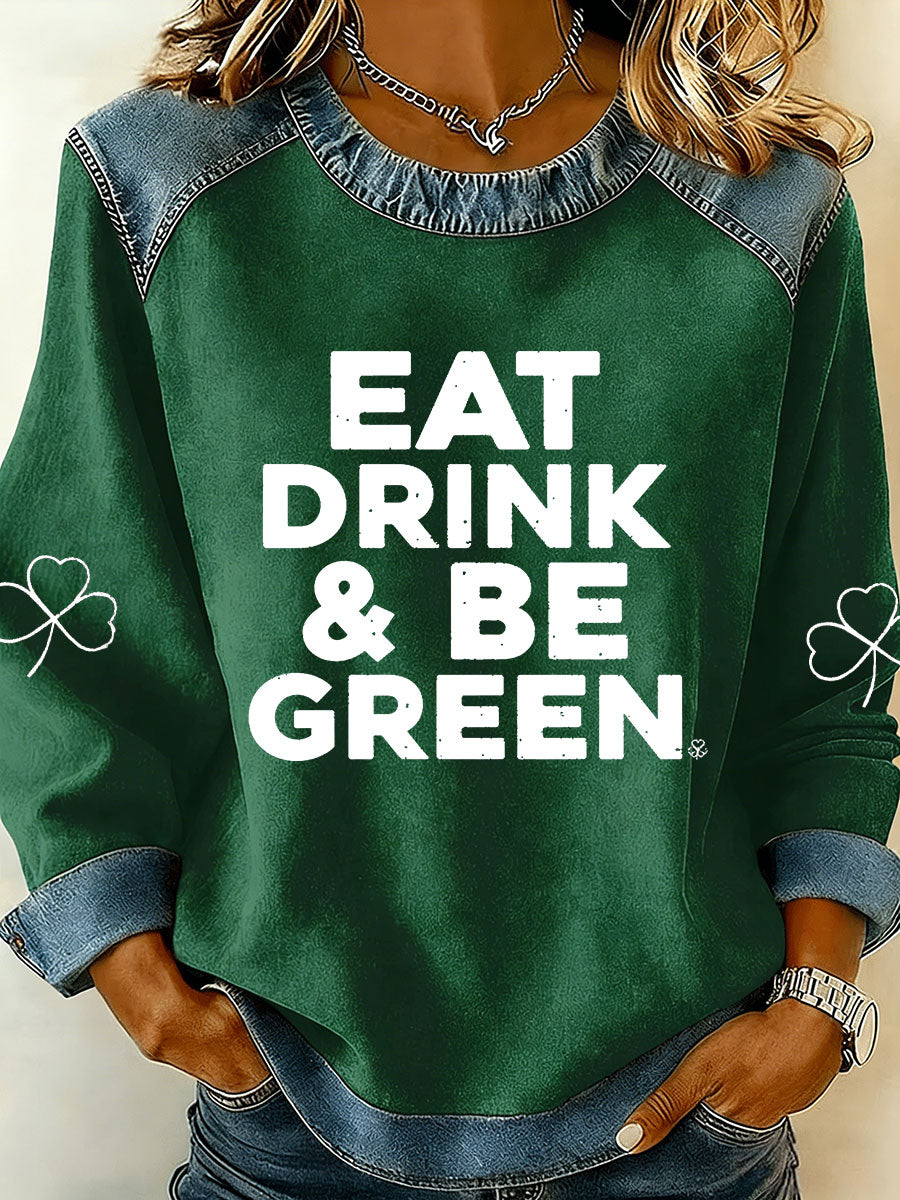 Women's St. Patrick's Day Eat Drink & Be Green Print Denim Patchwork Top