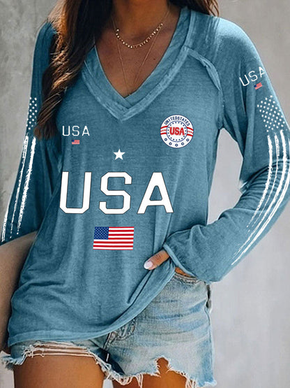 Women's USA Flag V-Neck Tops