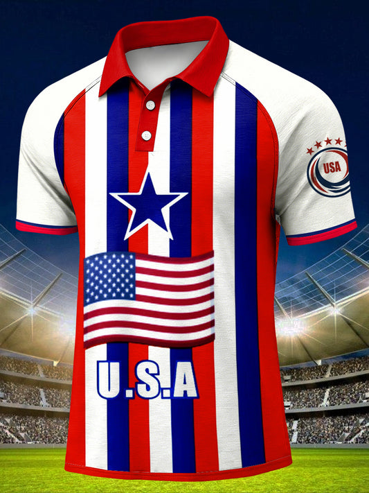 Men's World Cup USA Print Raglan Sleeve Polo Collar Casual Short Sleeved Shirt