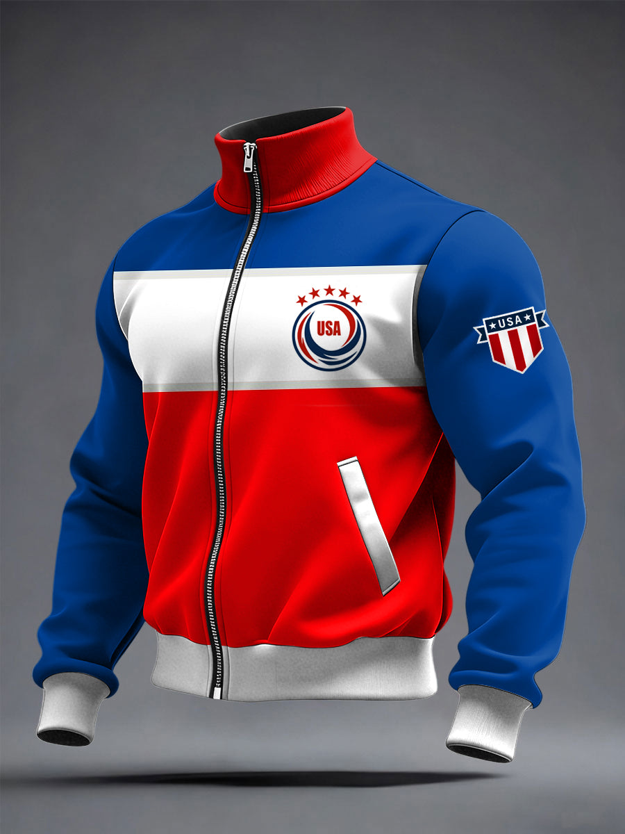 Men's World Cup US Printed long Sleeved Zipper Stand Up Collar Jacket