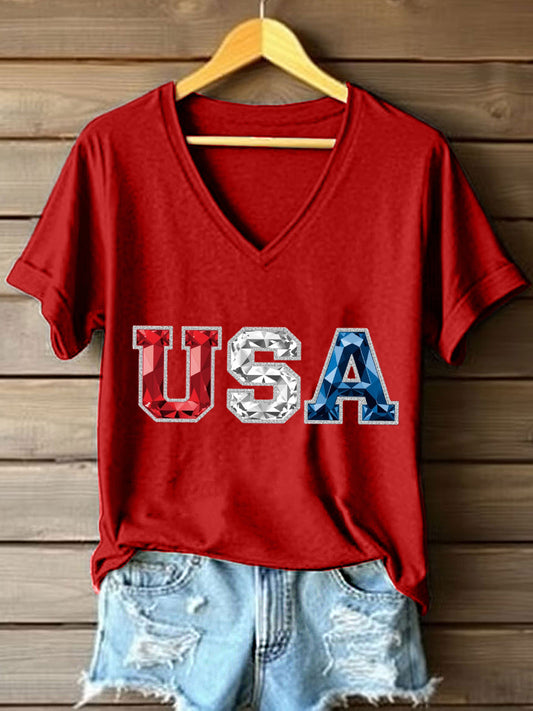 Women's USA Rhinestone Pattern V-Neck T-Shirt