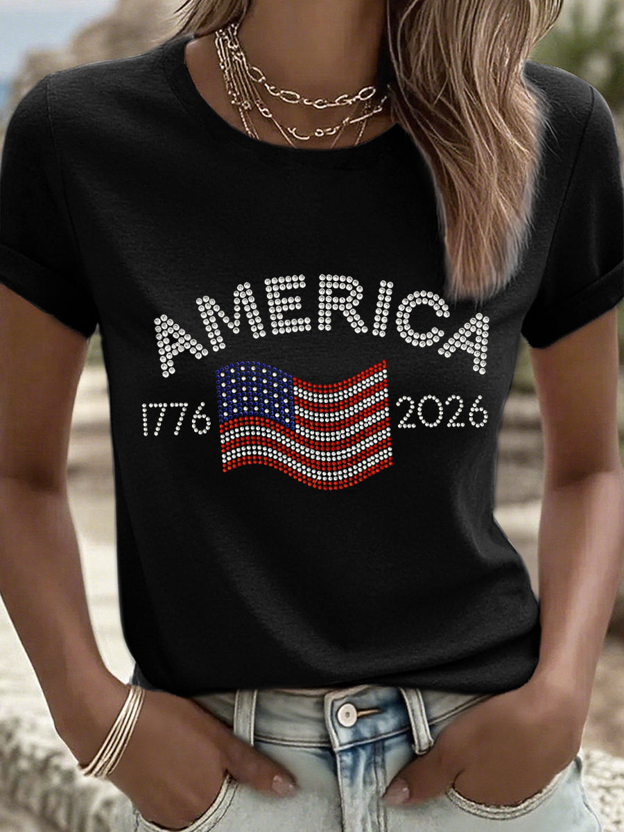 Women's American 1776-2026 Rhinestone Pattern T-Shirt