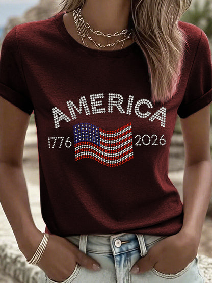 Women's American 1776-2026 Rhinestone Pattern T-Shirt