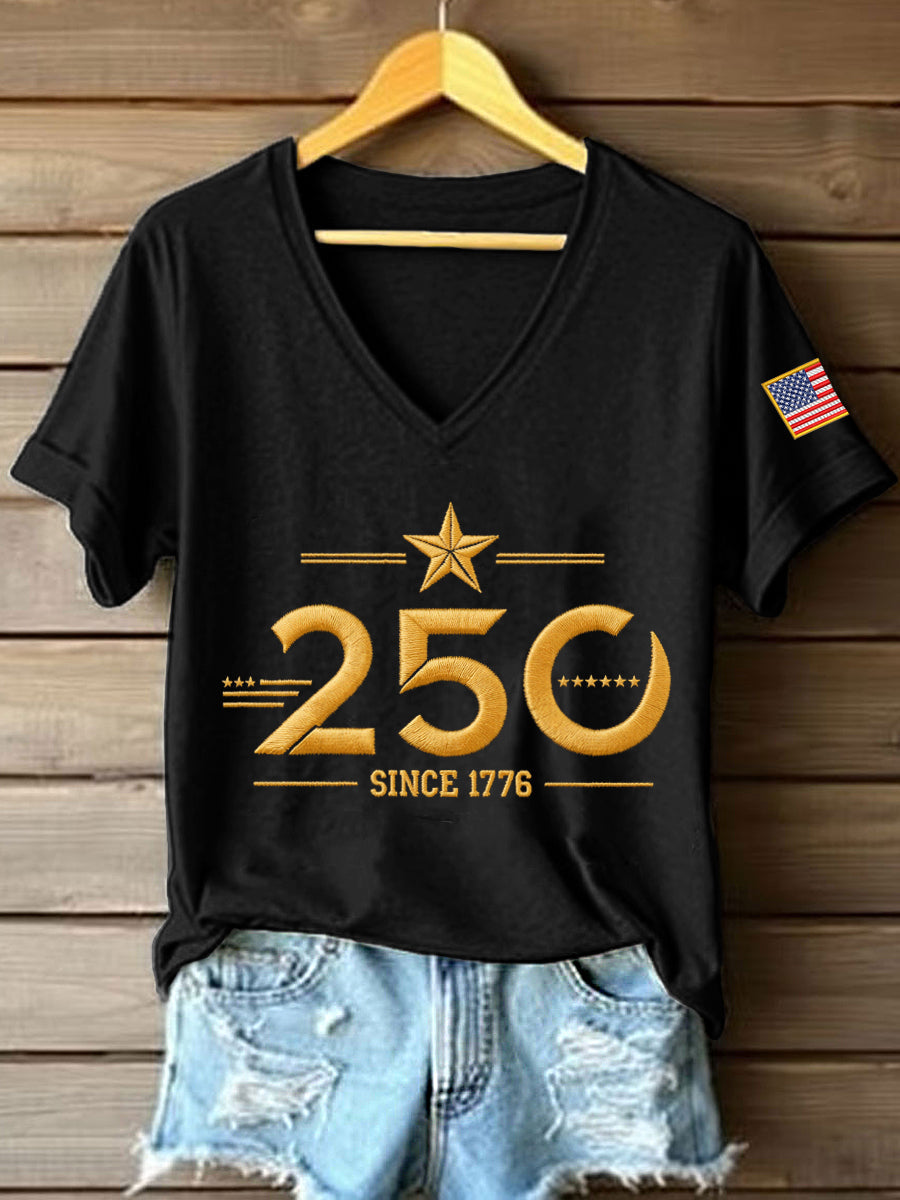 Women's America 1776–2026 Embroidered Pattern V-Neck T-Shirt