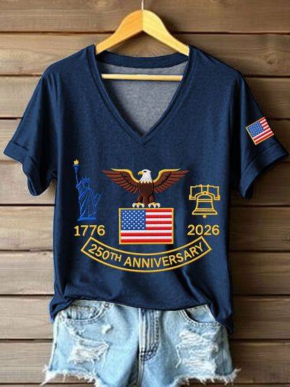 Women's 250th Anniversary Embroidered Pattern V-Neck T-Shirt