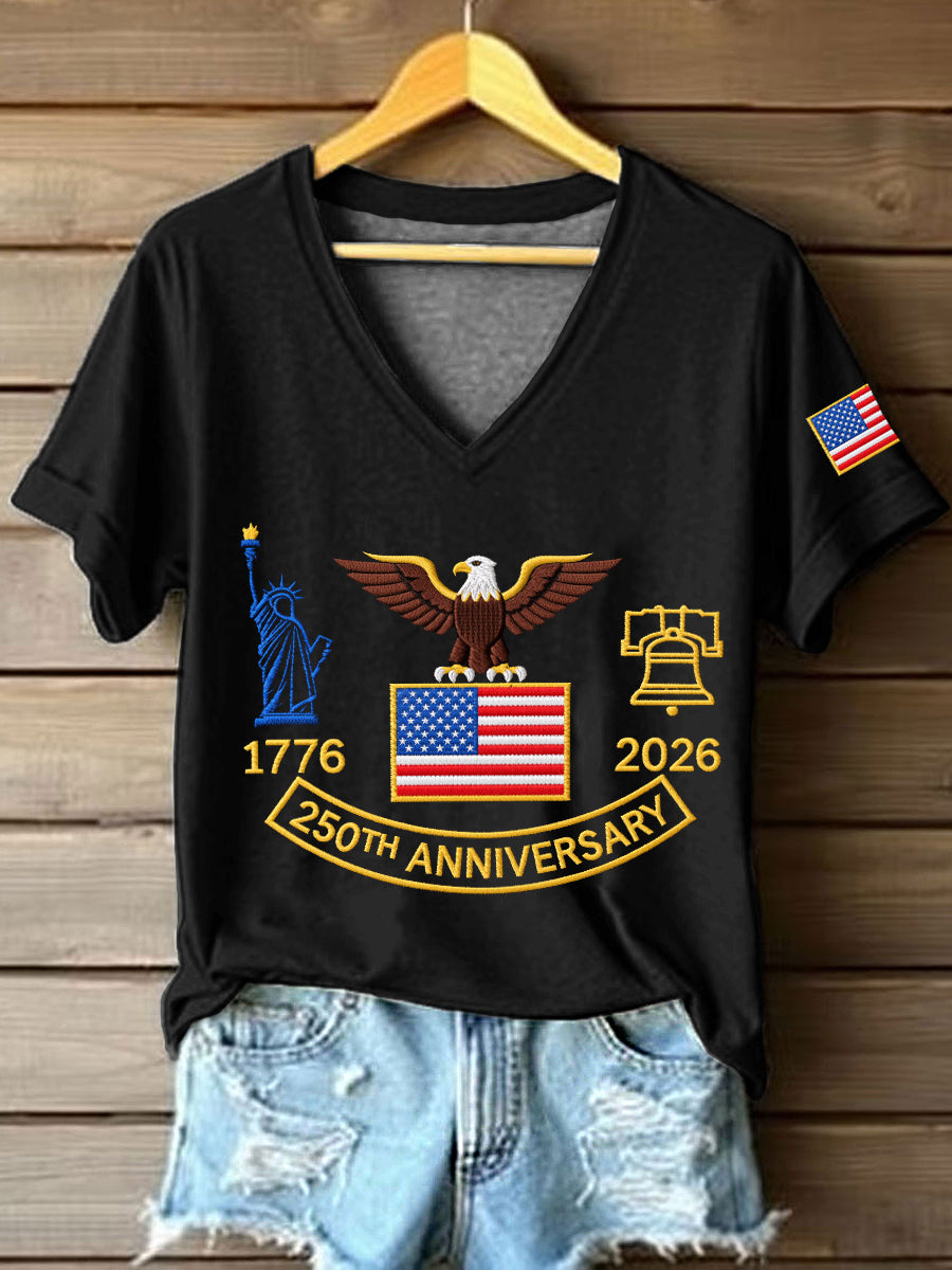 Women's 250th Anniversary Embroidered Pattern V-Neck T-Shirt