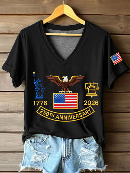 Women's 250th Anniversary Embroidered Pattern V-Neck T-Shirt