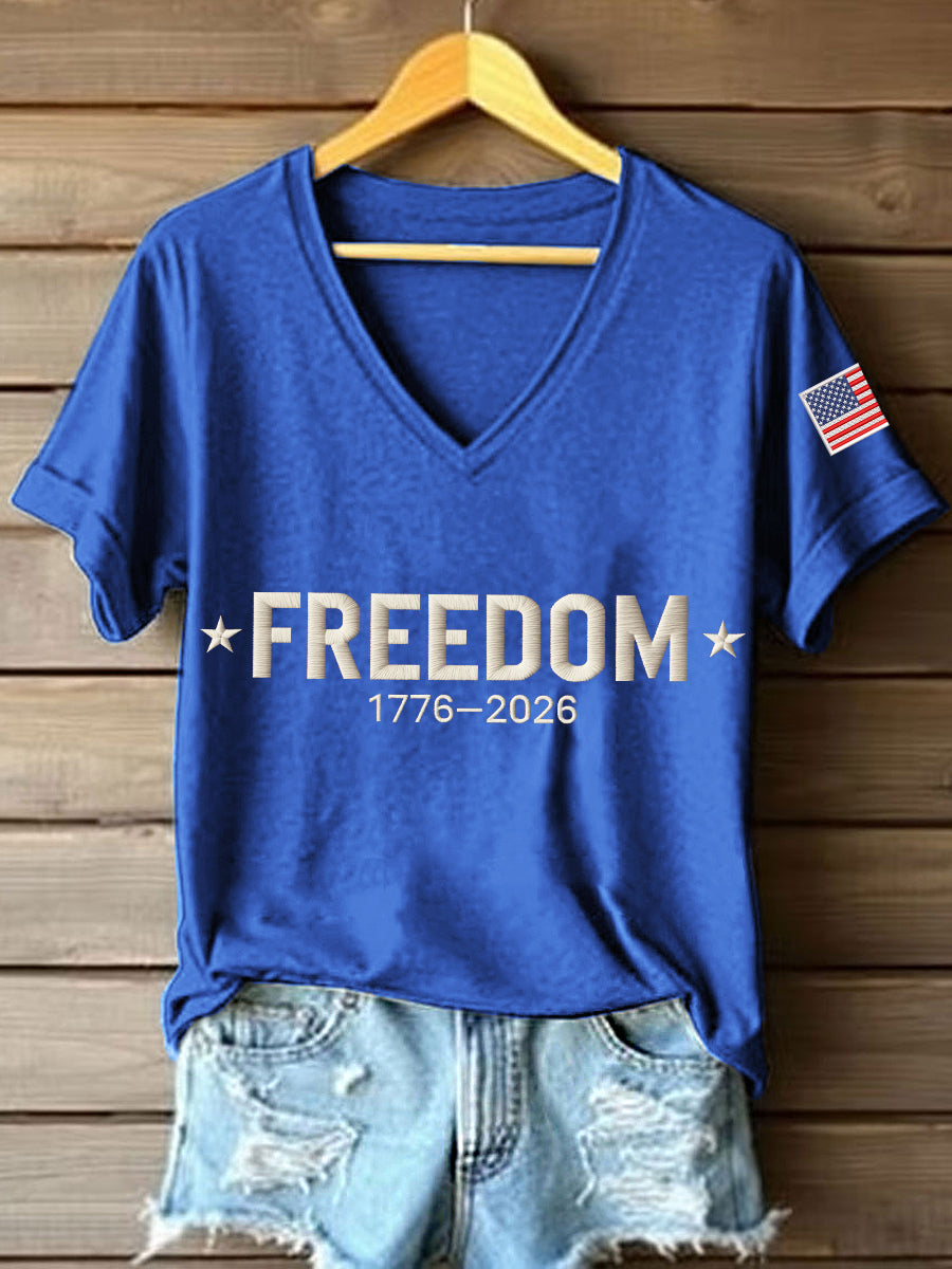 Women's America Freedom 1776–2026 Embroidered Pattern V-Neck T-Shirt