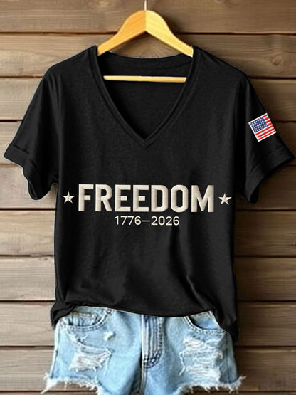 Women's America Freedom 1776–2026 Embroidered Pattern V-Neck T-Shirt