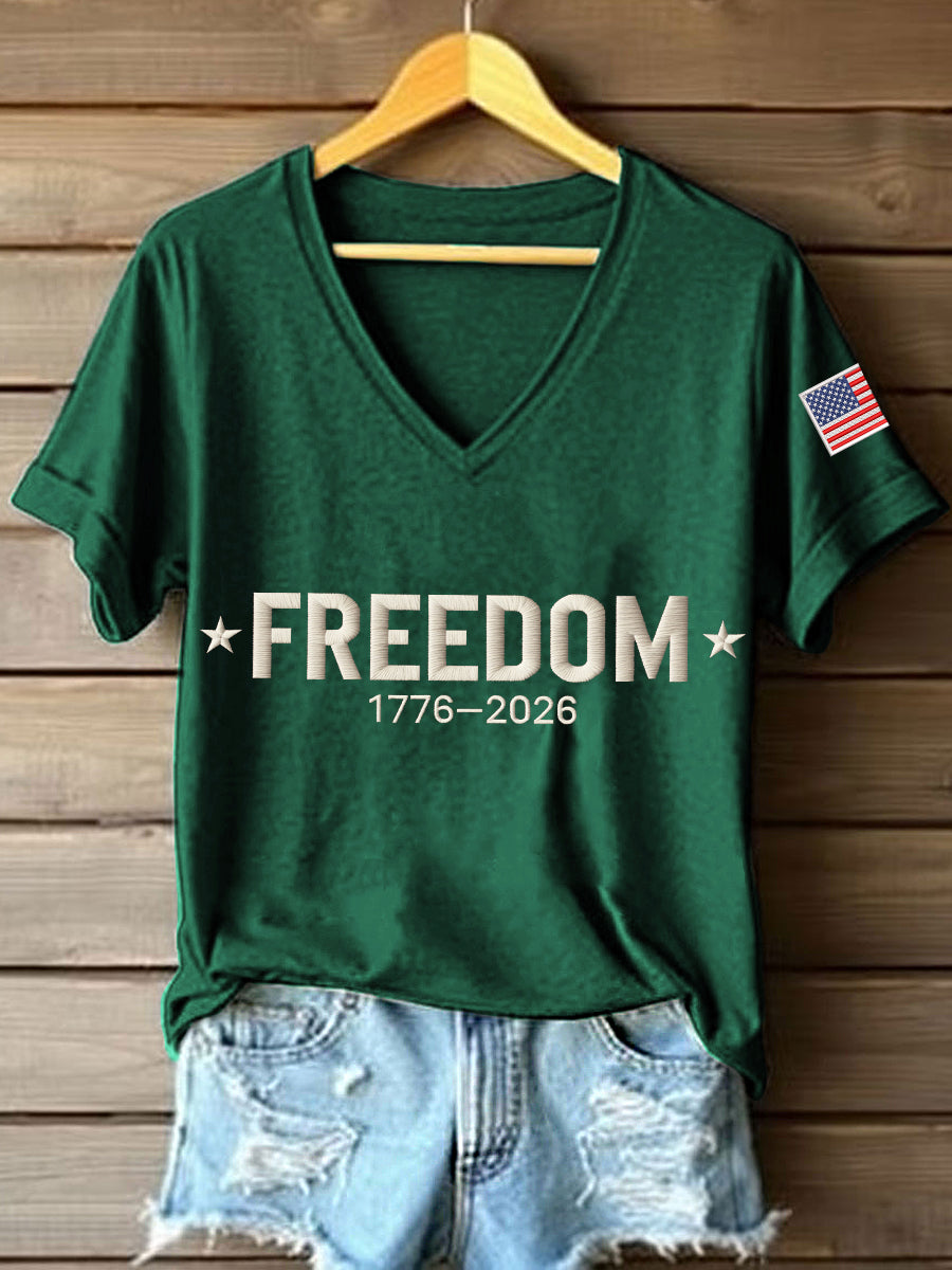Women's America Freedom 1776–2026 Embroidered Pattern V-Neck T-Shirt