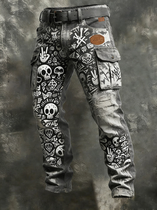 Men's Business-Style Skuu Print Retro Art Casual Workwear Trousers