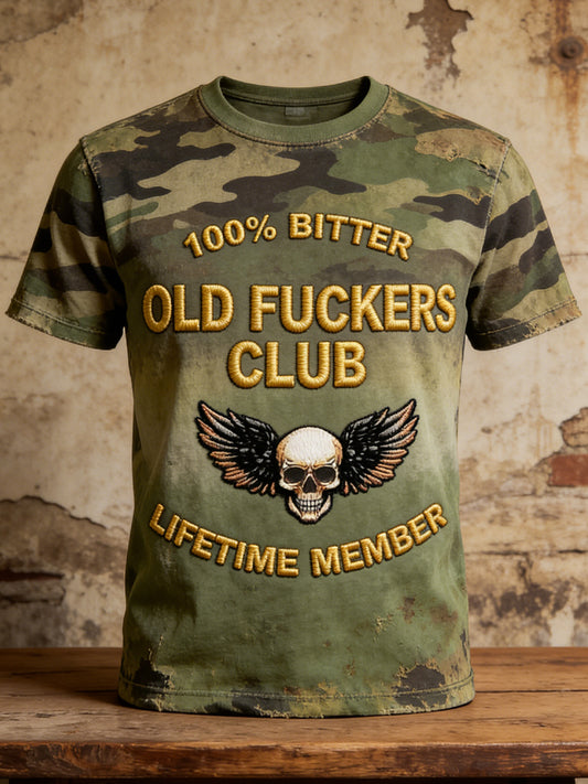 Retro Distressed Old Fuckers Club Camouflage Gradient Casual T-Shirt