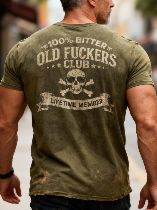 Retro Distressed Old Fuckers Club Skull Casual T-Shirt