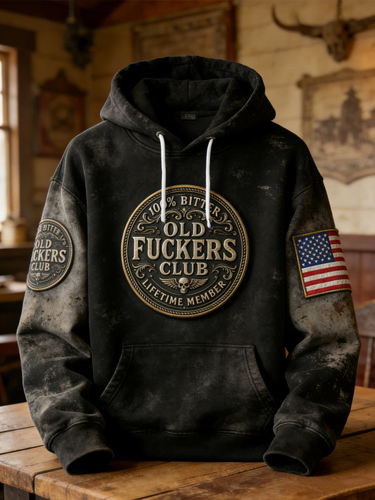 Vintage Distressed Old Fuckers Club Emblem Flag Casual Hoodie