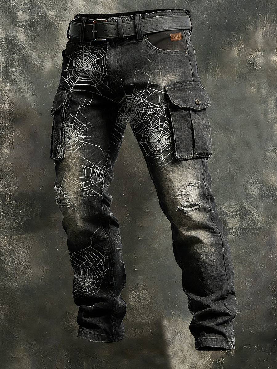 Men's Retro Vacation Business Spider Web Art Print Casual Workwear Trousers