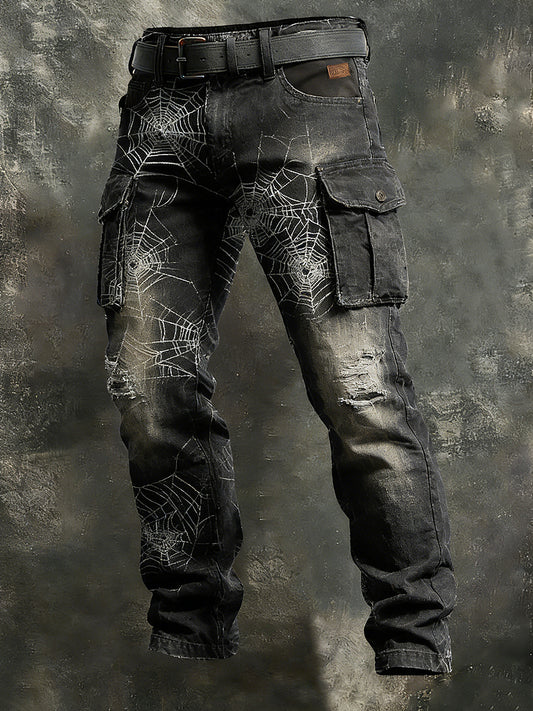 Men's Retro Vacation Business Spider Web Art Print Casual Workwear Trousers