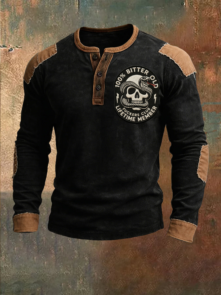 Retro Old Fuckers Club Skull Patchwork Casual Henley Shirt